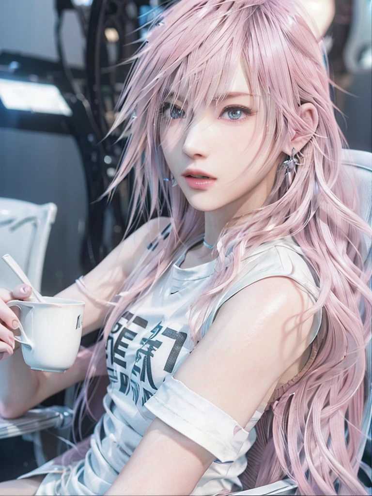 lightning with pink hair, and wearing earrings and blue eyes sitting on a chair holding a cup and wearing a white t-shirt, 3d, realistic, 4k