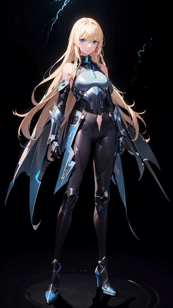 18 years old, blond hair, flowing blond hair, blue eyes, in a full body black armor with leggings, futuristic, masterpiece, high quality, with a lightning energy in hand, shoulders exposed, gloves, ready to fight pose