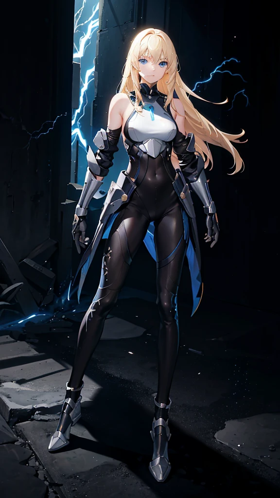 18 years old, blond hair, flowing blond hair, blue eyes, in a full body black armor with leggings, futuristic, masterpiece, high quality, with a lightning energy in hand, shoulders exposed, gloves, ready to fight pose