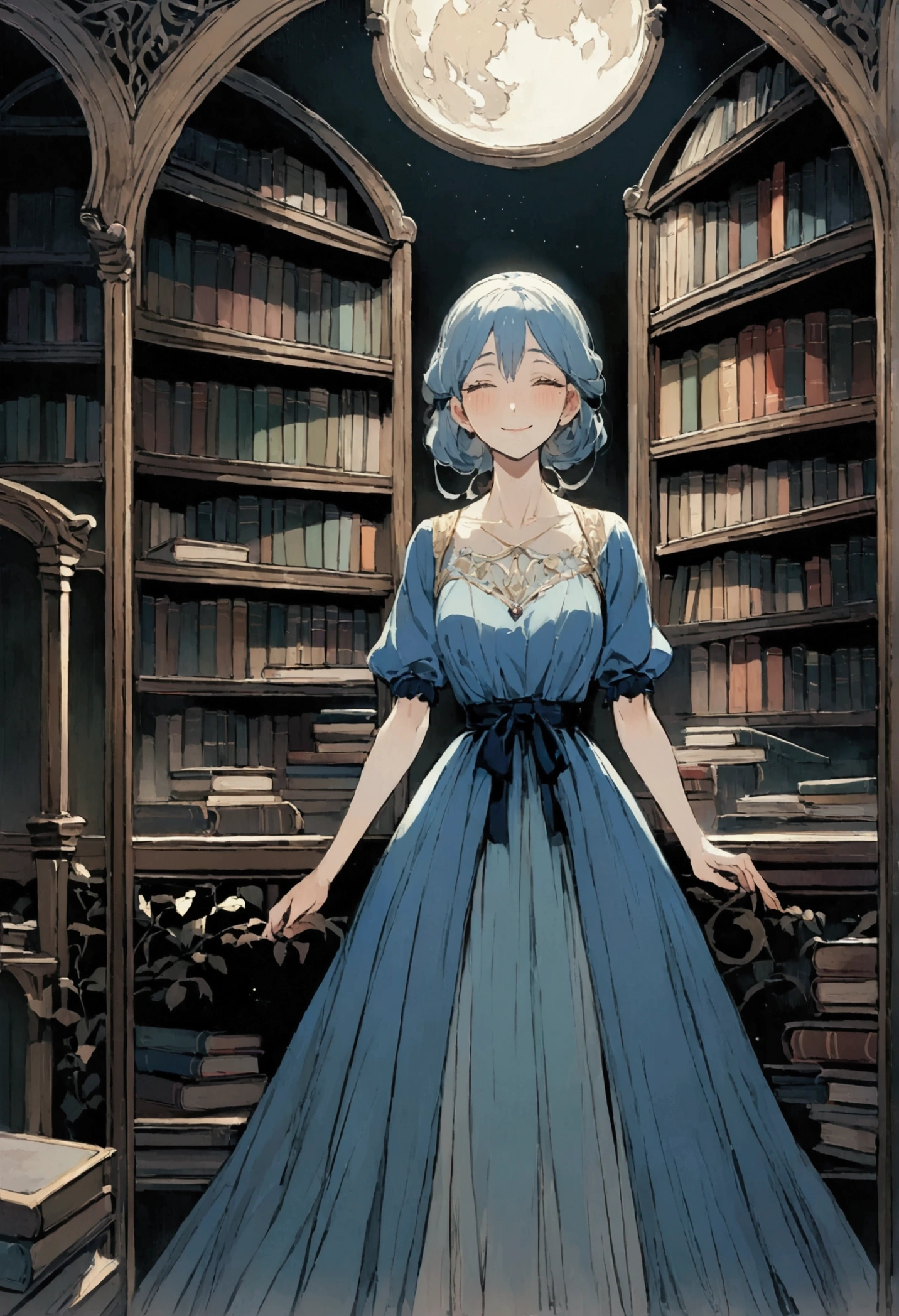 A sad woman in a blue dress, Despite accepting，But she still cried silently on the bed, In front of the moonlight window，Surrounded by books, With a smile on your face