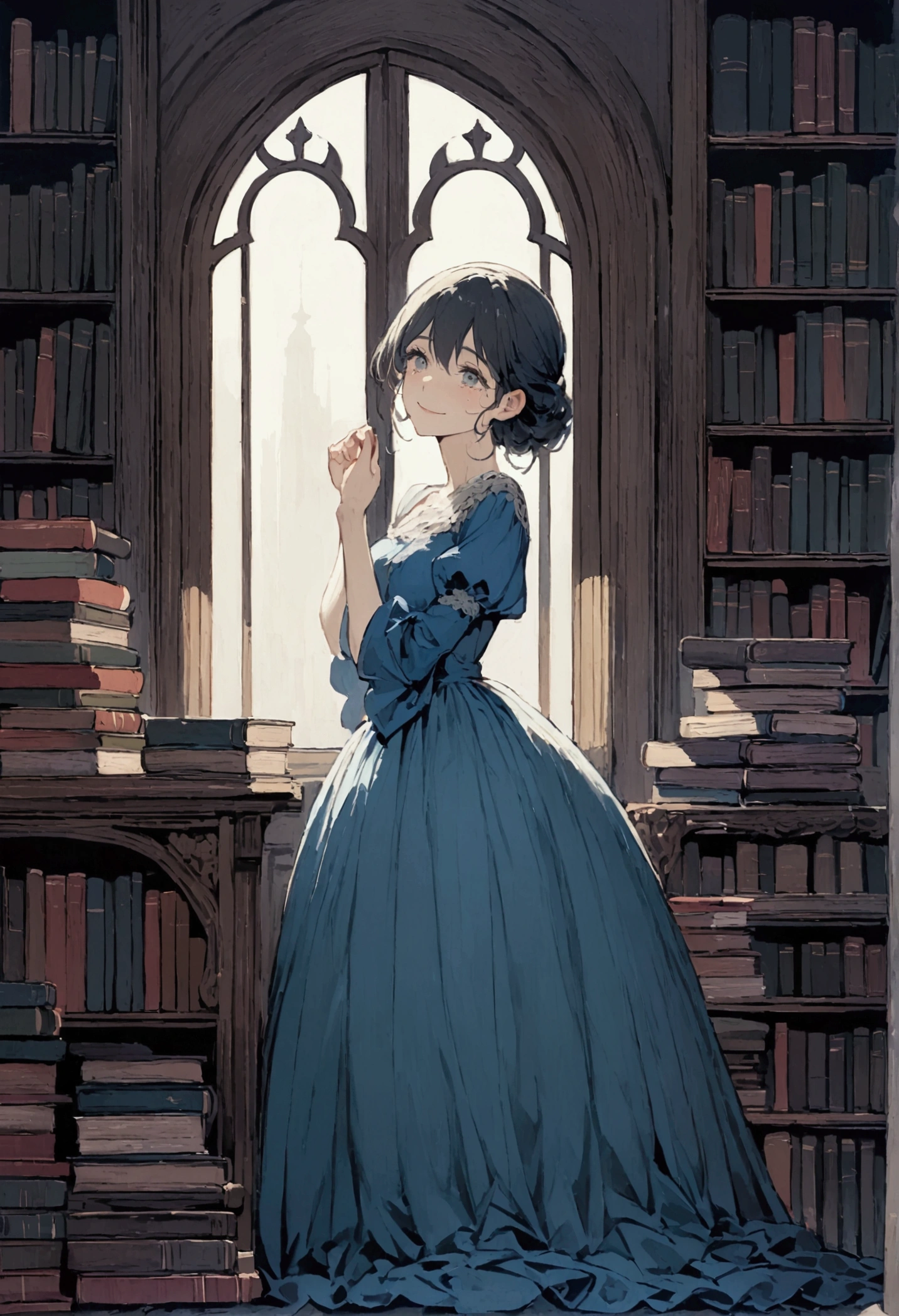 A sad woman in a blue dress, Despite accepting,But she still cried silently on the bed, In front of the moonlight window,Surrounded by books, With a smile on your face