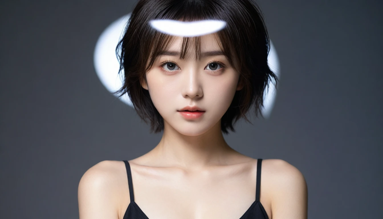8k, Ultra-high resolution, Highest quality, masterpiece, 三分割法によるphotograph,Surreal, photograph, 1 Girl, (16 years old:1.3), pretty girl, Cute Face, Beautiful eyes in every detail, 細かくdetailedに,masterpiece,One Girl:1.2, Japan Female Announcer,upper body,from below,sad,streaming tears,Black short hair,Messy hair,(black suit:1.3),mourning clothes,(印象派の美しい少女のPortraiture), (Gray background:1.3),(Impressionist light and colour),Realistic Skin, Perfect and beautiful face ,完璧でCute Face, Skin with attention to detail, Perfect limbs、Narrow waist,Looking at the audience、beauty,Long neck,clavicle,(((Ideal body type))),A cup small breasts :2,Portraiture:2,Perfect Anatomy,鮮明なdetailed,detailed,Surreal,Light and shadow,underlighting