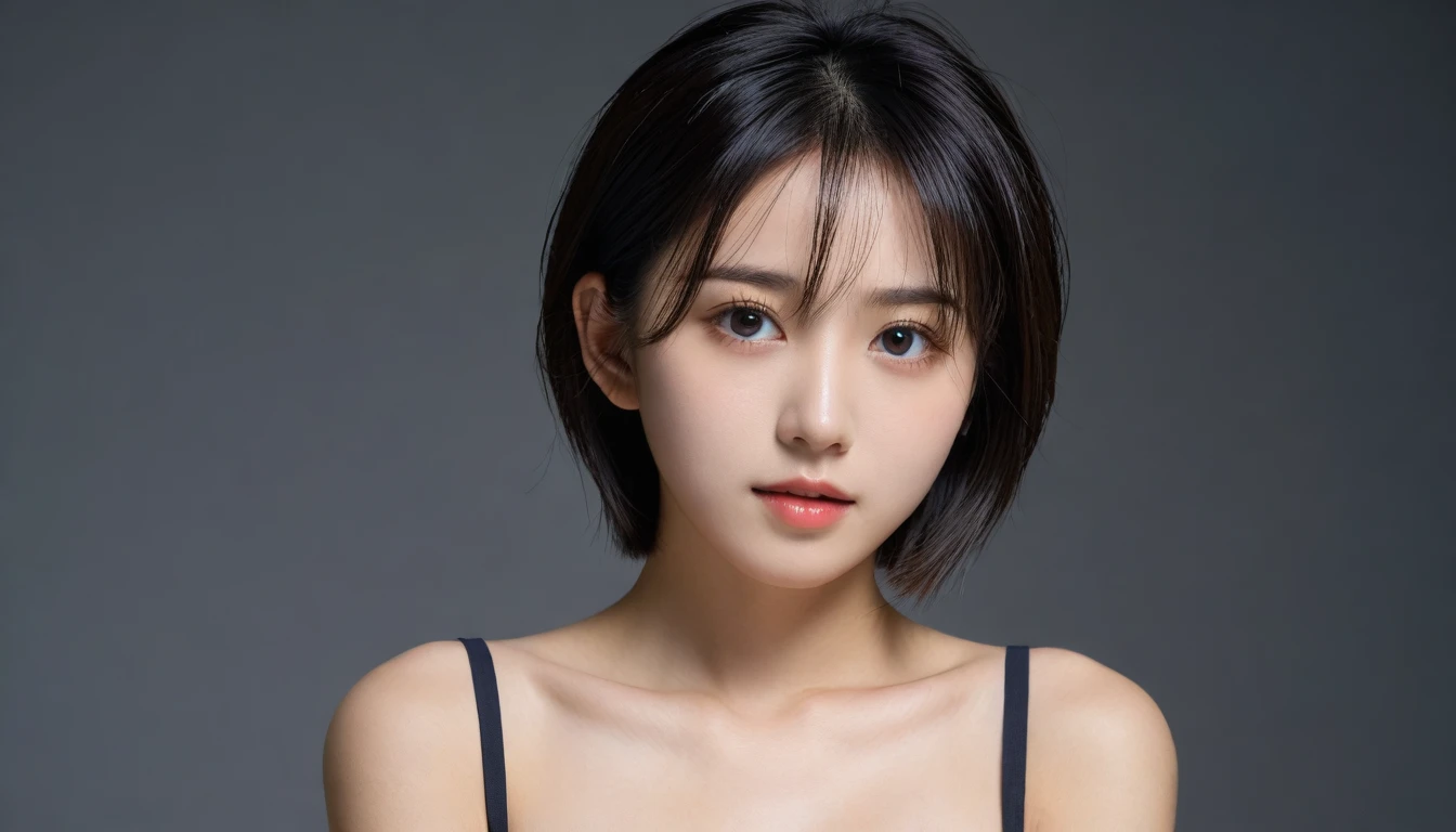 8k, Ultra-high resolution, Highest quality, masterpiece, 三分割法によるphotograph,Surreal, photograph, 1 Girl, (16 years old:1.3), pretty girl, Cute Face, Beautiful eyes in every detail, 細かくdetailedに,masterpiece,One Girl:1.2, Japan Female Announcer,upper body,from below,sad,streaming tears,Black short hair,Messy hair,(black suit:1.3),mourning clothes,(印象派の美しい少女のPortraiture), (Gray background:1.3),(Impressionist light and colour),Realistic Skin, Perfect and beautiful face ,完璧でCute Face, Skin with attention to detail, Perfect limbs、Narrow waist,Looking at the audience、beauty,Long neck,clavicle,(((Ideal body type))),A cup small breasts :2,Portraiture:2,Perfect Anatomy,鮮明なdetailed,detailed,Surreal,Light and shadow,underlighting