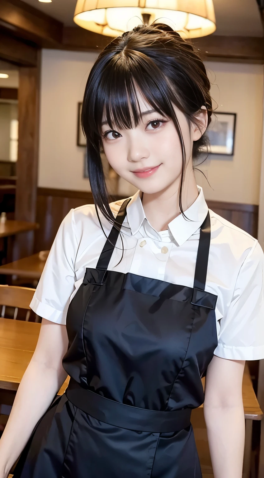 (Highest quality,masterpiece:1.3,Ultra-high resolution,),(Very detailed,Caustics),(Realistic:1.4,RAW shooting,)Ultra-Realistic Capture,Very detailed,High resolution 16k human skin closeup。 Natural skin texture、,pores、、、、It must be detailed enough to be easily identifiable。 Skin tone is even and healthy looking。 Use natural light and colour,restaurant,Waitress Uniform,1 girl,Japanese,18-year-old,cute,Black-haired,ponytail,Big Breasts,smile,Turn your body forward,(Front view:1.1),Looking into the camera,Cowboy Shot,