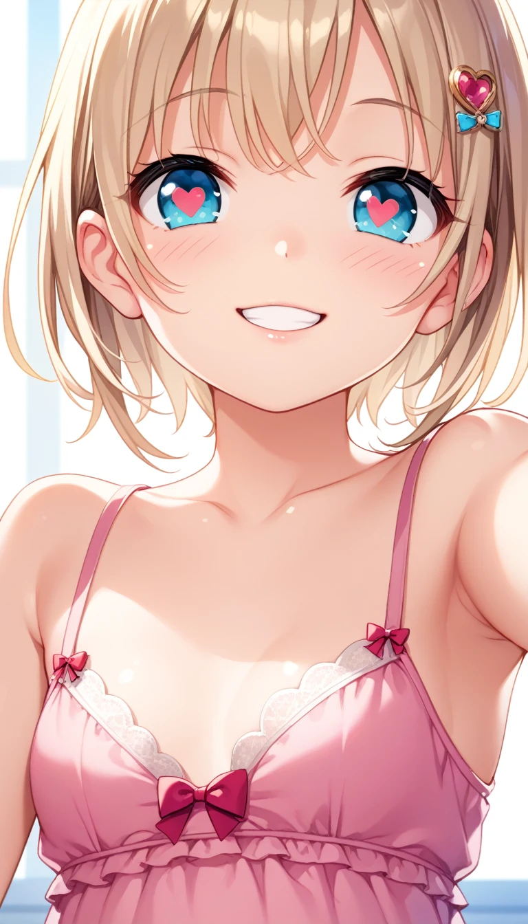 1girl, tiny girl, young girl, mesugaki, wicked smile, Teasing, naughty looks, heart eyes, A girl pointing to her top head:1.2, a girl putting her finger to her top head;1.2, Focus on the girl, glossy skin, oily skin, Close-up of the face, Masterpiece:2, Top Quality, high Quality, Very Detailed, ultra High Resolution, super High Resolution, Beautiful Detail, Dynamic angles, perfect lighting, 8k, Animation Style, cartoon style, game cg, sfw,
