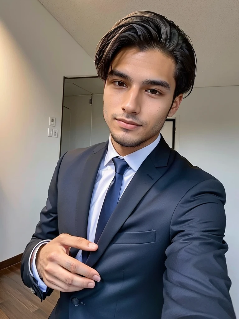 22-year-old Brazilian man in a suit with his hand in his pocket, short hair without beard with a ring on the finger of his right hand, no quarto selfie 🤳🏽 realista, and great quality