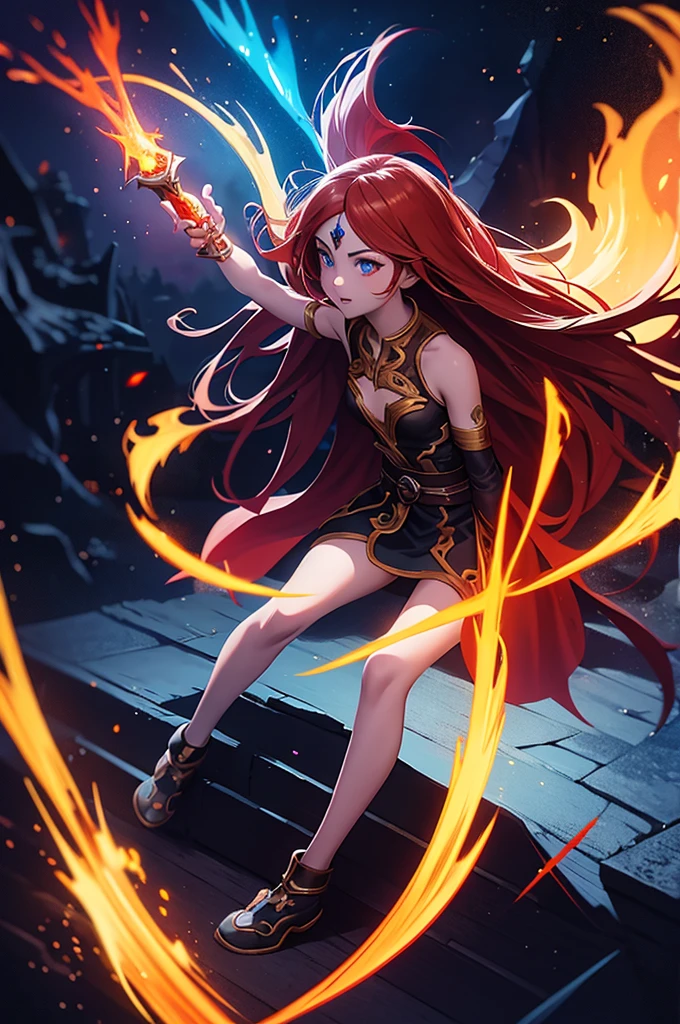 An outstanding painting of a beautiful white girl, flaming, surrounded by flames, dota2 fire girl style, ghost knife style, fire-like hair, long red hair, watery blue big eyes, thin waist, wide hips, mage robes, magic colors, World of Warcraft style, By Blizzard Entertainment, Ultra HD, 8K, real skin texture, best light, best shadow, Lina from dota2, action, wizarding world, overhead view, small mouth, Small nose, big eyes, cute