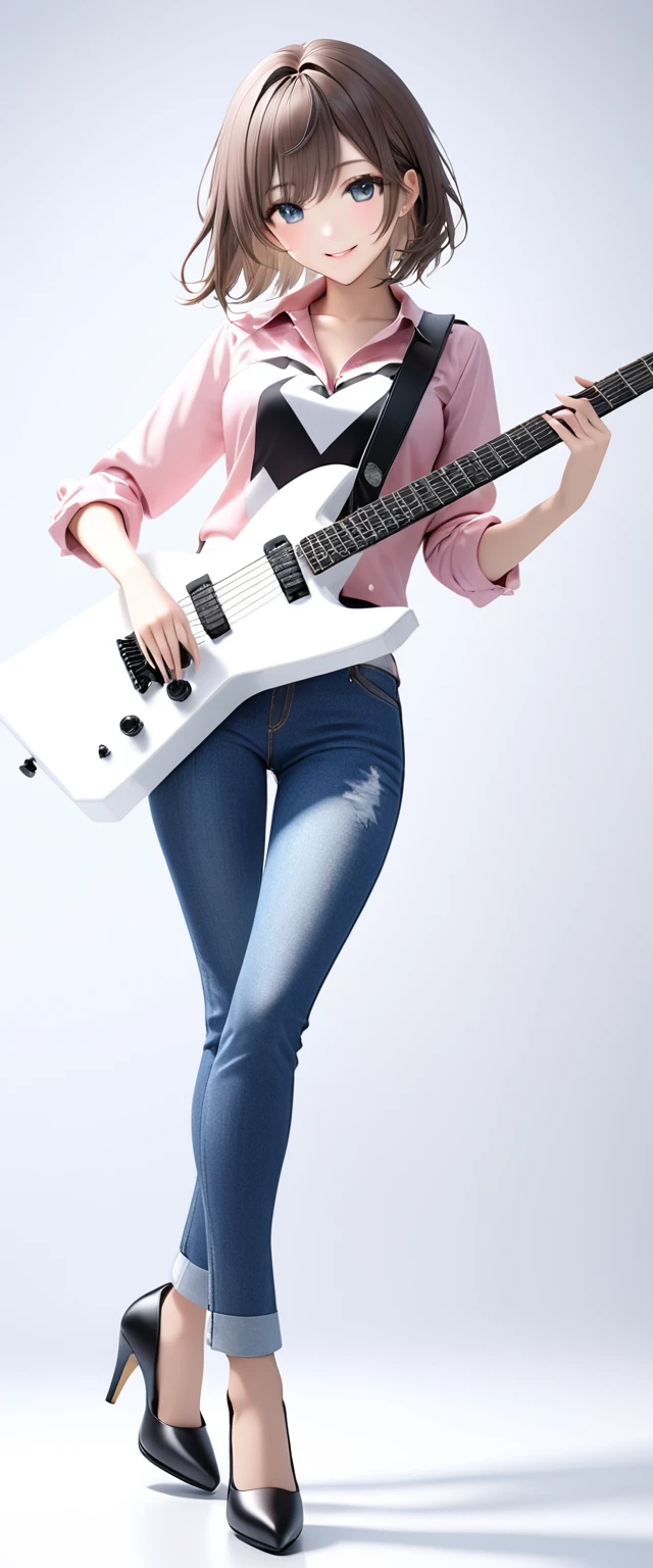 (((White background:1.5)))、(very wide shot)、(((full body:1.2))),(masterpiece、Ultra HD、Highest quality、Masterpiece、4K:1.2)、Slender body、Scandinavian metal girl playing a white electric guitar, A gentle gaze at the camera, Intricate details, Highly detailed eyes, Highly detailed fingers、Brown bob hair、Pink shirt and blue jeans, Wearing high heels、Intricate details、A kind smile、Dynamic guitar playing pose、Are standing