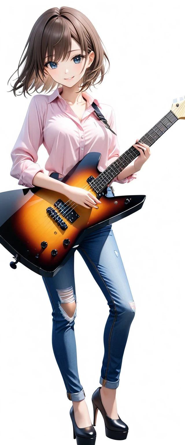 (((White background:1.5)))、(very wide shot)、(((full body:1.2))),(masterpiece、Ultra HD、Highest quality、Masterpiece、4K:1.2)、Slender body、Scandinavian metal girl playing a white electric guitar, A gentle gaze at the camera, Intricate details, Highly detailed eyes, Highly detailed fingers、Brown bob hair、Pink shirt and blue jeans, Wearing high heels、Intricate details、A kind smile、Dynamic guitar playing pose、Are standing
