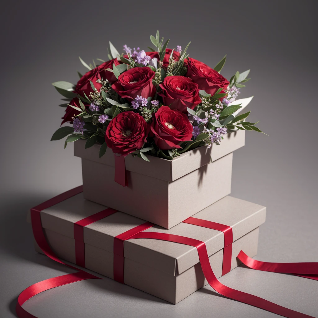 beautiful gift box, red, tied with ribbon, next to a small bouquet of flowers in delicate shades, gray background, no details, high detail, 3 d render.