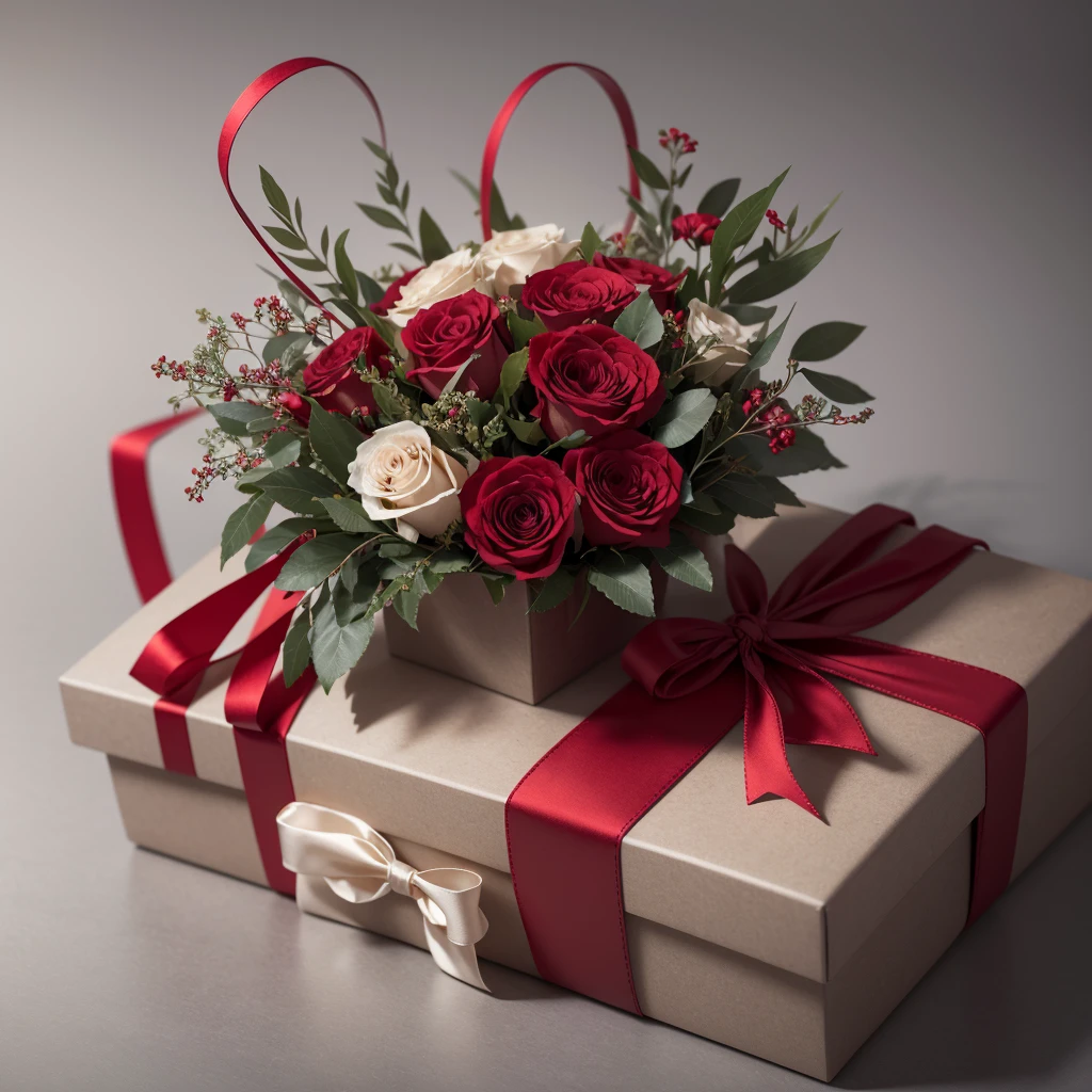 beautiful gift box, red, tied with ribbon, next to a small bouquet of flowers in delicate shades, gray background, no details, high detail, 3 d render.
