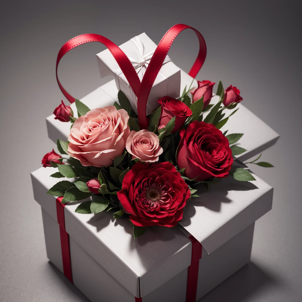 beautiful gift box, red, tied with ribbon, next to a small bouquet of flowers in delicate shades, gray background, no details, high detail, 3 d render. 