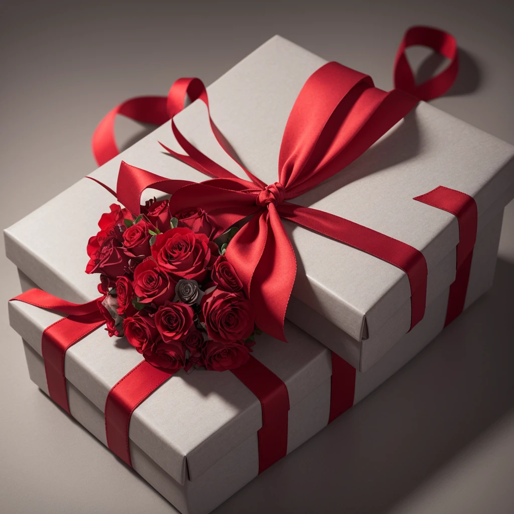 beautiful gift box, red, tied with ribbon, next to a small bouquet of flowers in delicate shades, gray background, no details, high detail, 3 d render. 