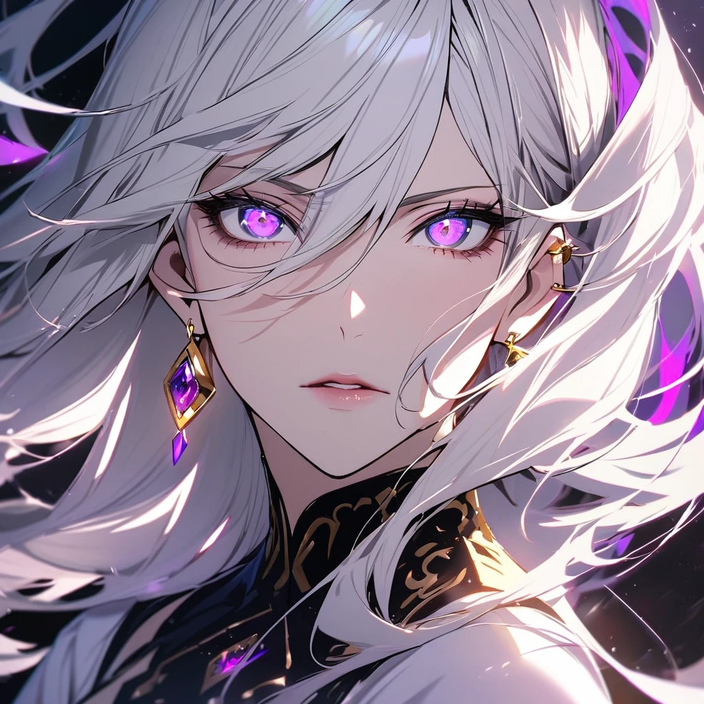 woman, \long hair, white hair, mature, god eyes, diamond earings, two colors eyes, one blue eye, one purple eye, glowing eyes, beautiful