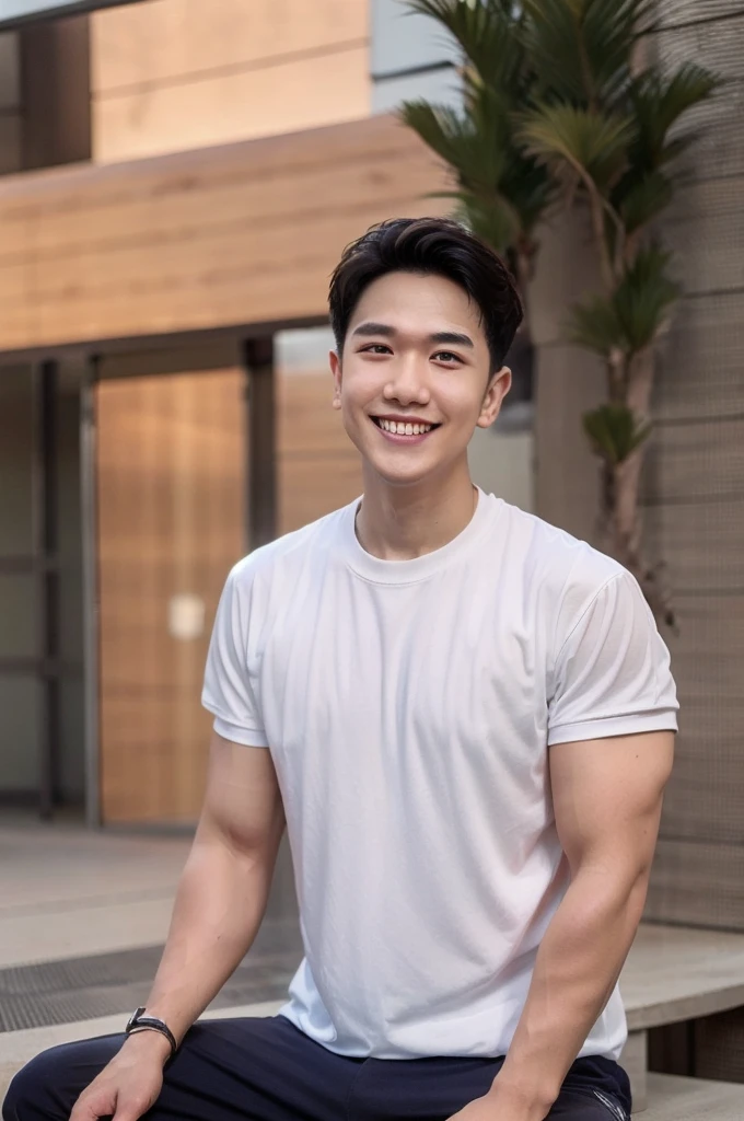 young man 20 years old , (ทรงผมแบบ Crew Cut: 1.3 ), black hair, short hair details, burly handsome man , white t-shirt ,White swimming trunks with large bulges, strong, handsome, outdoor, Take a steam shower., hot spring, Onsen, sweat, look at the audience., depth of field, Bokeh, Detailed background, Detailed light, diffuse natural sunlight, Skin glows naturally., symmetrical eyes, Big smile