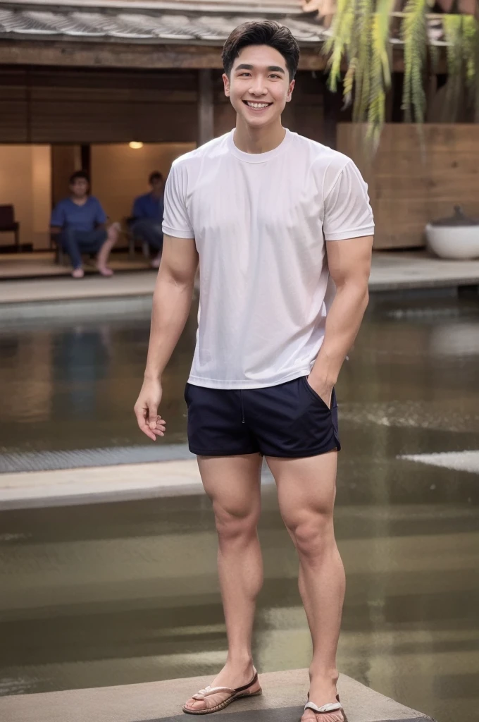 Asian handsome boy crouching sideways