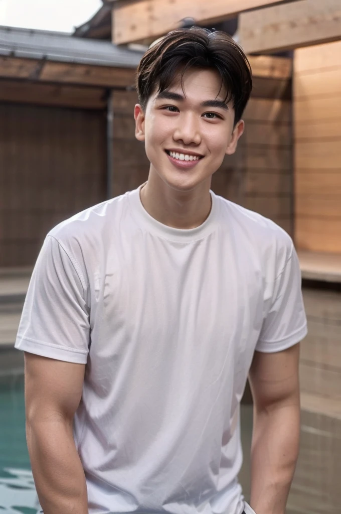 young man 20 years old , (ทรงผมแบบ Crew Cut: 1.3 ), black hair, short hair details, burly handsome man , white t-shirt ,White swimming trunks with large bulges, strong, handsome, outdoor, Take a steam shower., hot spring, Onsen, sweat, look at the audience., depth of field, Bokeh, Detailed background, Detailed light, diffuse natural sunlight, Skin glows naturally., symmetrical eyes, Big smile