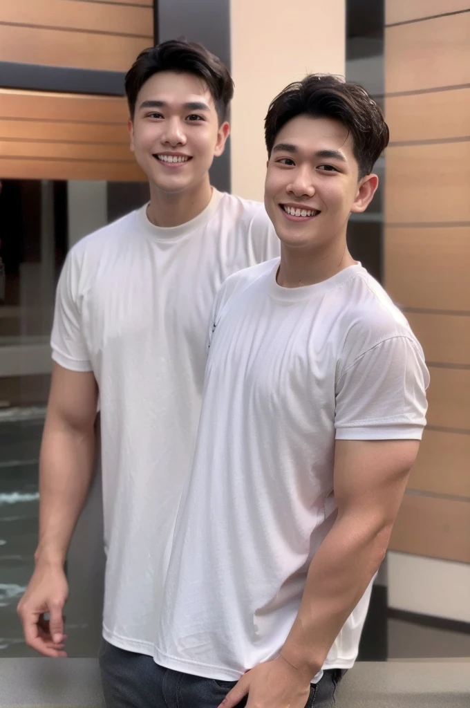 young man 20 years old , (ทรงผมแบบ Crew Cut: 1.3 ), black hair, short hair details, burly handsome man , white t-shirt ,White swimming trunks with large bulges, strong, handsome, outdoor, Take a steam shower., hot spring, Onsen, sweat, look at the audience., depth of field, Bokeh, Detailed background, Detailed light, diffuse natural sunlight, Skin glows naturally., symmetrical eyes, Big smile