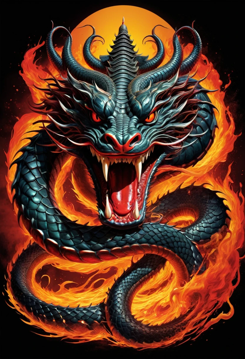 t-shirt design, Design a menacing picture with 7-headed Naga (king serpent from the Hindu faith), The artwork features a sleek, coiled sinuously, its scales glistening in the dim light., revealing rows of razor-sharp teeth dripping with blood, exuding a sense of raw, primal aggression, bright sky and big sun and fire in background, heavy wind, storm, flame, enhancing the ominous atmosphere of the design. eyes gleam with a malevolent glint, capturing the essence of danger and violence. The overall style is bold and intense, embodying the dark and edgy spirit of heavy metal music.