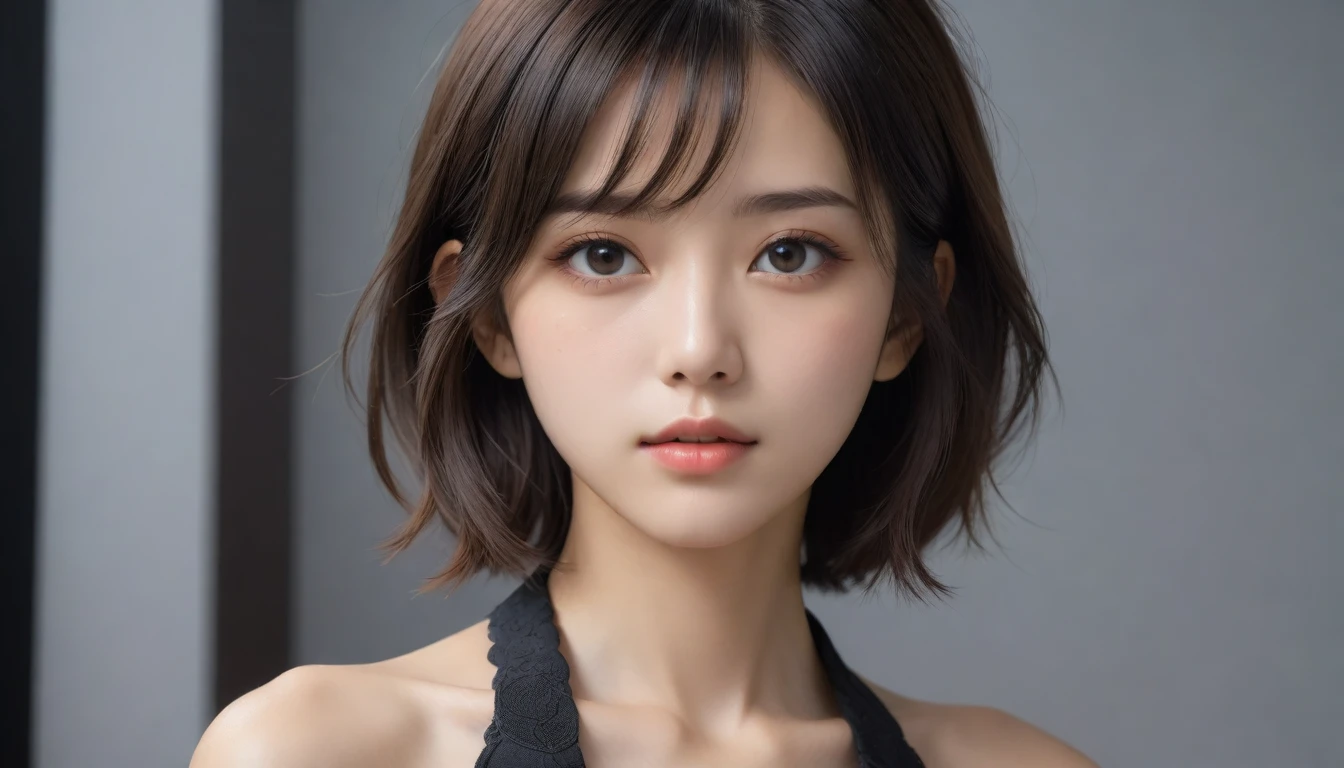 8k, Ultra-high resolution, Highest quality, masterpiece, 三分割法によるphotograph,Surreal, photograph, 1 Girl, (16 years old:1.3), pretty girl, Cute Face, Beautiful eyes in every detail, 細かくdetailedに,masterpiece,One Girl:1.2, Japan Female Announcer,upper body,from below,sad,streaming tears,Black short hair,Messy hair,(black suit:1.3),mourning clothes,(印象派の美しい少女のPortraiture), (Gray background:1.3),(Impressionist light and colour),Realistic Skin, Perfect and beautiful face ,完璧でCute Face, Skin with attention to detail, Perfect limbs、Narrow waist,Looking at the audience、beauty,Long neck,clavicle,(((Ideal body type))),A cup small breasts :2,Portraiture:2,Perfect Anatomy,鮮明なdetailed,detailed,Surreal,Light and shadow,underlighting