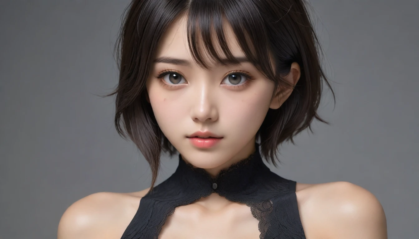 8k, Ultra-high resolution, Highest quality, masterpiece, 三分割法によるphotograph,Surreal, photograph, 1 Girl, (16 years old:1.3), pretty girl, Cute Face, Beautiful eyes in every detail, 細かくdetailedに,masterpiece,One Girl:1.2, Japan Female Announcer,upper body,from below,sad,streaming tears,Black short hair,Messy hair,(black suit:1.3),mourning clothes,(印象派の美しい少女のPortraiture), (Gray background:1.3),(Impressionist light and colour),Realistic Skin, Perfect and beautiful face ,完璧でCute Face, Skin with attention to detail, Perfect limbs、Narrow waist,Looking at the audience、beauty,Long neck,clavicle,(((Ideal body type))),A cup small breasts :2,Portraiture:2,Perfect Anatomy,鮮明なdetailed,detailed,Surreal,Light and shadow,underlighting