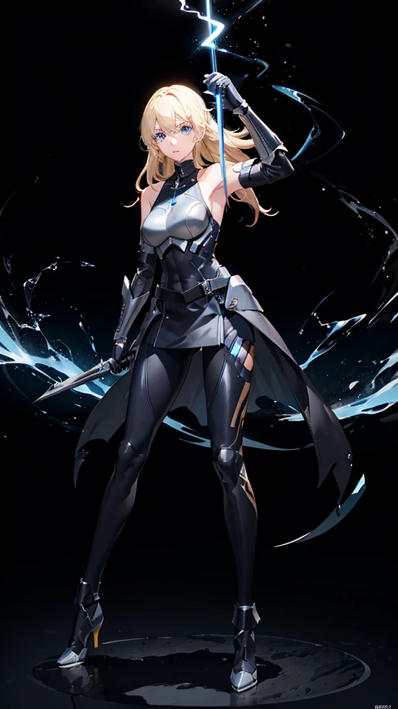 18 years old, blond hair, flowing blond hair, blue eyes, in a full body black armor with leggings, futuristic, masterpiece, high quality, with a lightning energy in hand, shoulders exposed, gloves, ready to fight pose, 4k