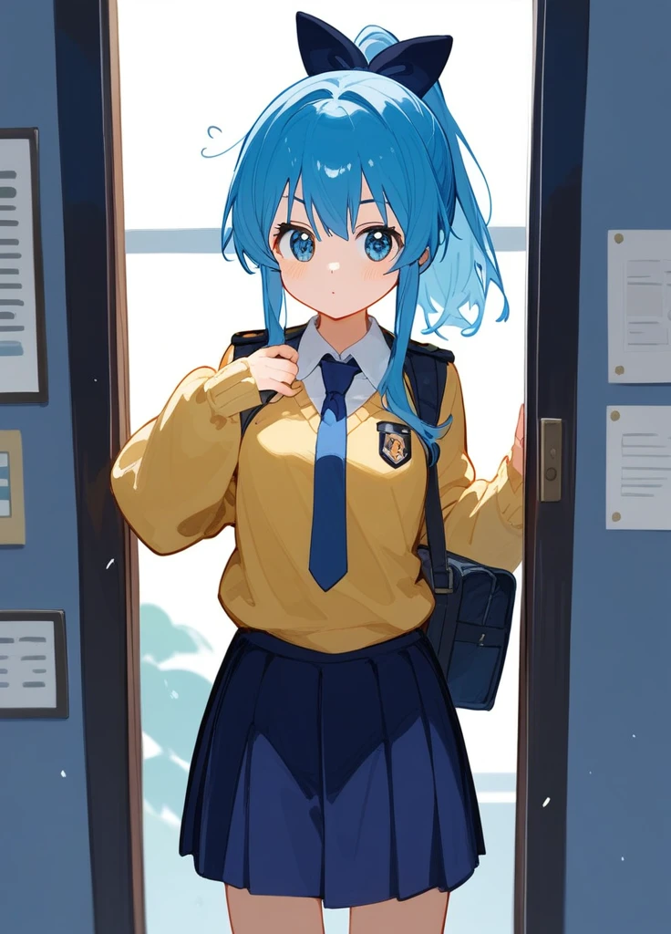 A cute girl with blue hair in a ponytail、Standing in her uniform with sparkling blue eyes。She is wearing a blue tie、She wears a yellow sweater over her uniform.。In a full-body standing picture、Anime Styleのかわいらしいイラストになっています。solo, The bangs are straight down to the eyebrows., Illustration, Anime Style,