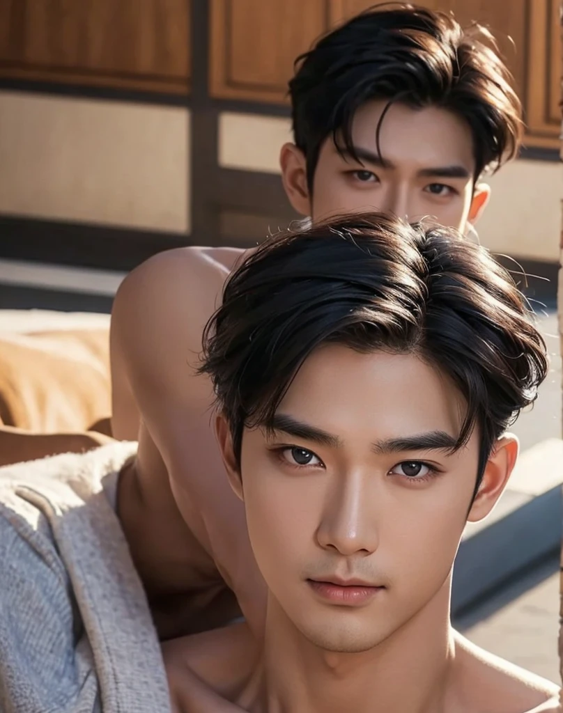 ((High quality)), ((Masterpiece)), ((Highly detailed)), perfect face, realistic, ((man)), ((Asia)), black hair, Comma hairstyle, ((shirtless)), road, ((handsome)), Detailed eyes, Beautiful, detailed nose, realistic body, realistic light, comfortable expression, manน่ารัก, person who sweats, manที่เท่ห์, ร่างกายของman