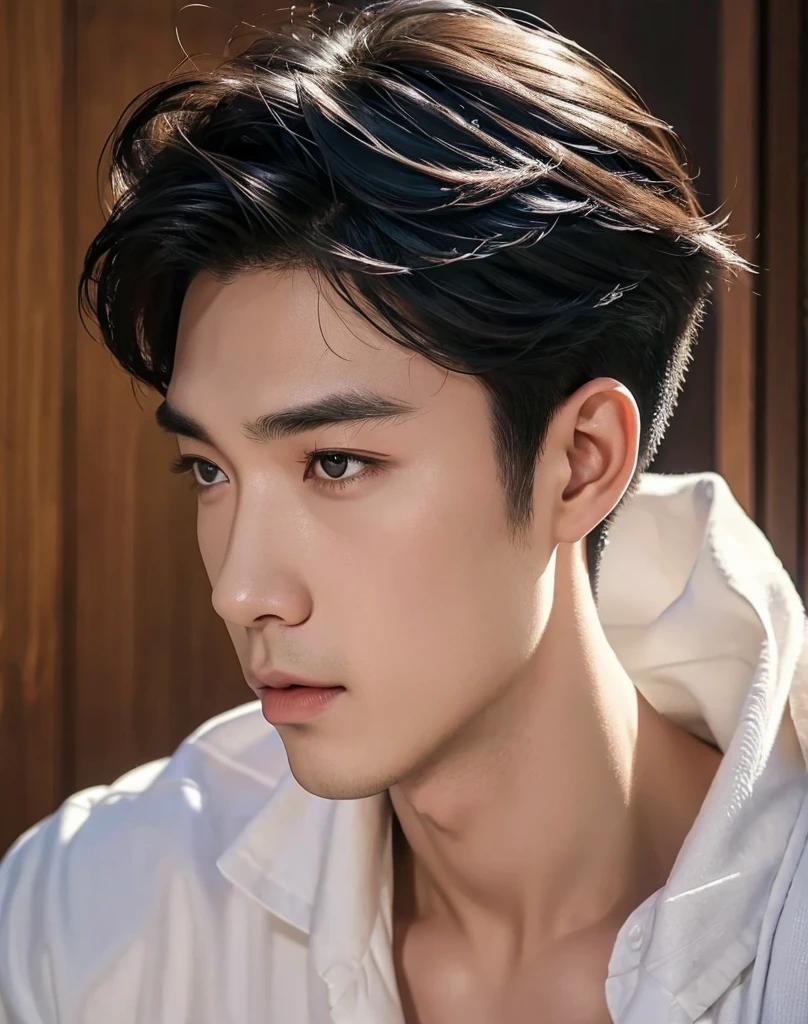 ((High quality)), ((Masterpiece)), ((Highly detailed)), perfect face, realistic, ((man)), ((Asia)), black hair, Comma hairstyle, ((shirtless)), road, ((handsome)), Detailed eyes, Beautiful, detailed nose, realistic body, realistic light, comfortable expression, manน่ารัก, person who sweats, manที่เท่ห์, ร่างกายของman