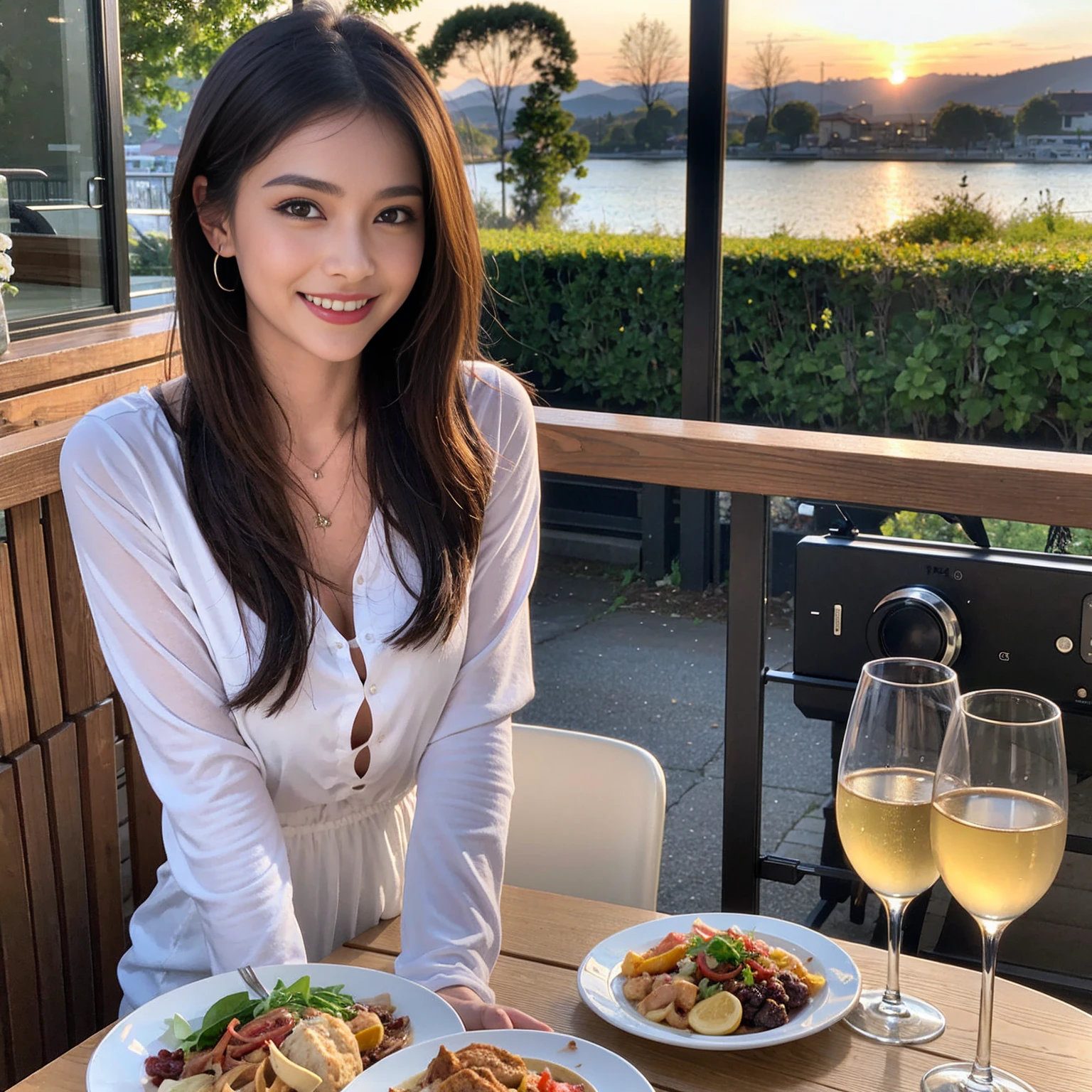（Realistic:1.1）,(masterpiece,Highest quality)，8k,(45 years old), 42 years old, slimカップル、Model Couple、actress/actor、Tight waist,Upper Body,full-course dinner、wine 、Amazing view of the sunset sky and clouds、Perfect Anatomy, Brown Hair, short hair,Random Hairstyles,((Highly detailed face and eyes:1.2))(cute顔:1.4)，美しいactressの顔，Perfect golden ratio face，Long sleeve shirt、dress,(smile:1.2)、Shortcuts、cute、(Realistic, Intricate details:1.2), A bright smile、short hair,Bright Face、赤wine 、Appetizers、Italian food、wine bottle、Champagne、スパークリングwine、(slimな顔), (The body is slim), (Brown Hair), (Shortcuts),  Upper Body, 白wine, slim, wineグラス, 