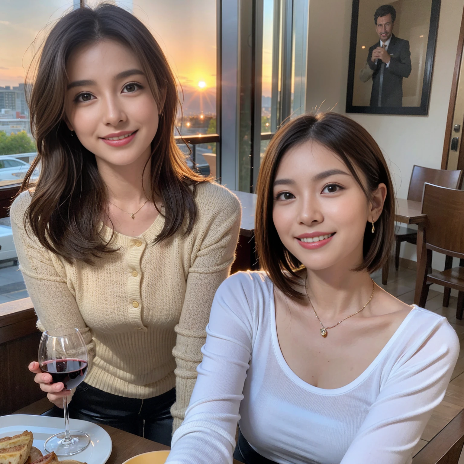 （Realistic:1.1）,(masterpiece,Highest quality)，8k,(45 years old), 42 years old, slimカップル、Model Couple、actress/actor、Tight waist,Upper Body,full-course dinner、wine 、Amazing view of the sunset sky and clouds、Perfect Anatomy, Brown Hair, short hair,Random Hairstyles,((Highly detailed face and eyes:1.2))(cute顔:1.4)，美しいactressの顔，Perfect golden ratio face，Long sleeve shirt、dress,(smile:1.2)、Shortcuts、cute、(Realistic, Intricate details:1.2), A bright smile、short hair,Bright Face、赤wine 、Appetizers、Italian food、wine bottle、Champagne、スパークリングwine、(slimな顔), (The body is slim), (Brown Hair), (Shortcuts),  Upper Body, 白wine, slim, wineグラス, 