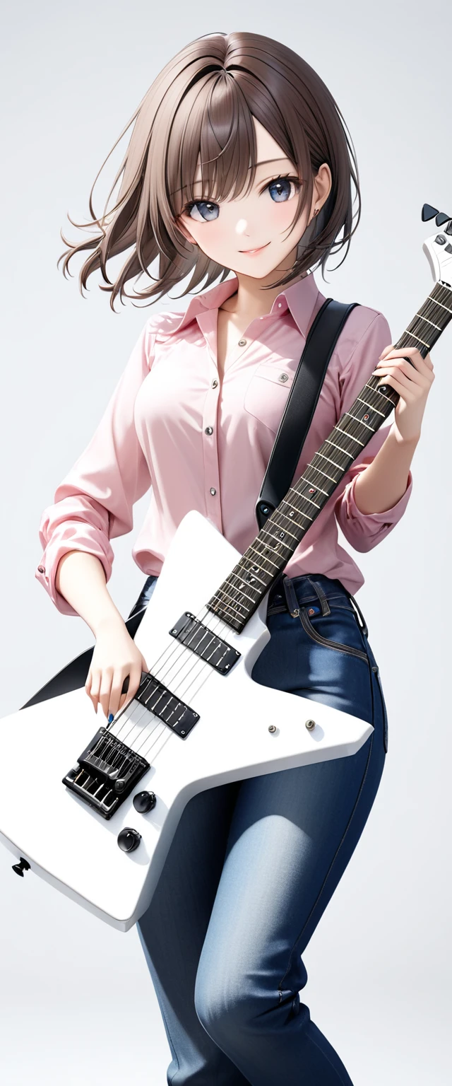 (((White background:1.5)))、(very wide shot)、(The subject and guitar are in full view:1.5))、(((full body:1.2))),(masterpiece、Ultra HD、Highest quality、Masterpiece、4K:1.2)、Slender body、Scandinavian metal girl playing a white electric guitar, A gentle gaze at the camera, Intricate details, Highly detailed eyes, Highly detailed fingers、Brown bob hair、Pink shirt and blue jeans, Wearing high heels、Intricate details、A kind smile、Dynamic playing pose、Are standing
