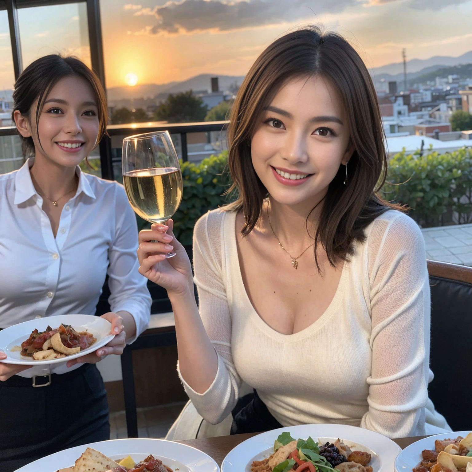(Realistic:1.1),(masterpiece,Highest quality),8k,(44 years old), 42 years old, slimカップル、Model Couple、actress/actor、Tight waist,Upper Body,full-course dinner、wine 、Amazing view of the sunset sky and clouds、Perfect Anatomy, Brown Hair, short hair,Random Hairstyles,((Highly detailed face and eyes:1.2))(cute顔:1.4),美しいactressの顔,Perfect golden ratio face,Long sleeve shirt、dress,(smile:1.2)、Shortcuts、cute、(Realistic, Intricate details:1.2), A bright smile、short hair,Bright Face、赤wine 、Appetizers、Italian food、wine bottle、Champagne、スパークリングwine、(slimな顔), (The body is slim), (Brown Hair), (Shortcuts), Upper Body, 白wine, slim, wineグラス,