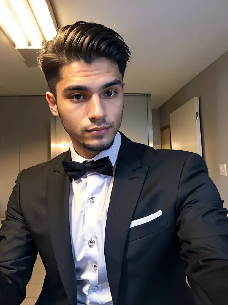 22-year-old Brazilian man in a suit with his hand in his pocket, short hair without beard with a ring on the finger of his left hand, no quarto selfie 🤳🏽 realista, and great quality
