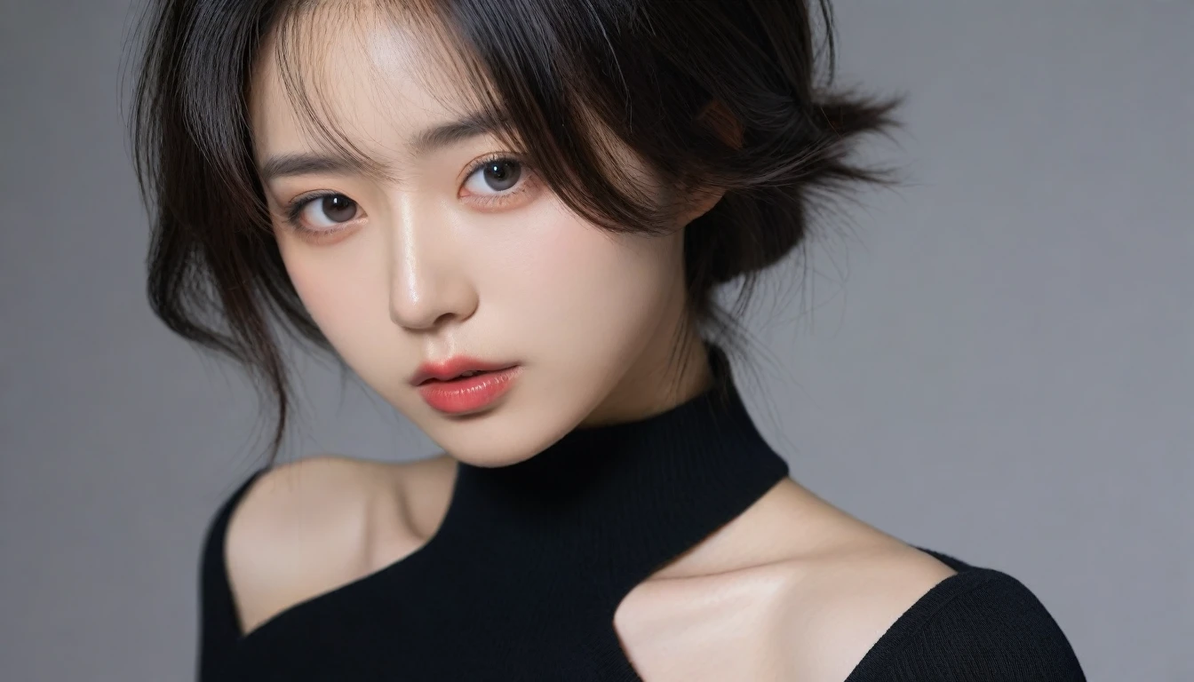 8k, Ultra-high resolution, Highest quality, masterpiece, 三分割法によるphotograph,Surreal, photograph, 1 Girl, (:1.3), pretty girl, Cute Face, Beautiful eyes in every detail, 細かくdetailedに,masterpiece,One Girl:1.2, Japan Female Announcer,upper body,from below,sad,streaming tears,Black short hair,Messy hair,(black suit:1.3),mourning clothes,(印象派の美しい少女のPortraiture), (Gray background:1.3),(Impressionist light and colour),Realistic Skin, Perfect and beautiful face ,完璧でCute Face, Skin with attention to detail, Perfect limbs、Narrow waist,Looking at the audience、beauty,Long neck,clavicle,(((Ideal body type))),A cup small breasts :2,Portraiture:2,Perfect Anatomy,鮮明なdetailed,detailed,Surreal,Light and shadow,underlighting