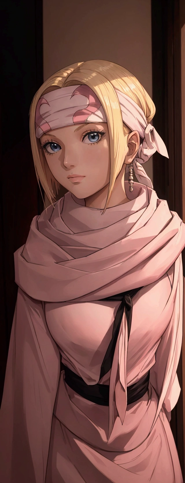masterpiece), best quality, high resolution blonde 1girl bob cut medium hair standing alone cowl headband profile image looking at viewer beautiful eyes beautiful face extremely detailed pink clothing girly
