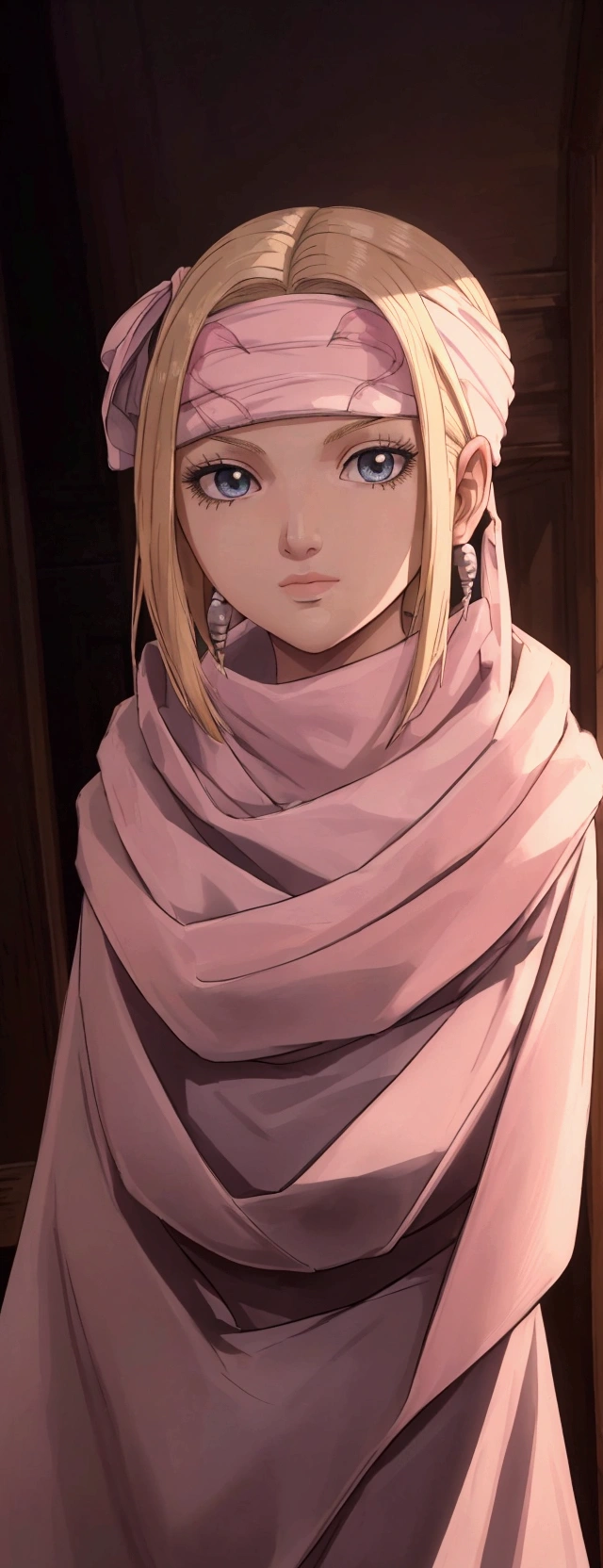 masterpiece), best quality, high resolution blonde 1girl bob cut medium hair standing alone cowl headband profile image looking at viewer beautiful eyes beautiful face extremely detailed pink clothing girly