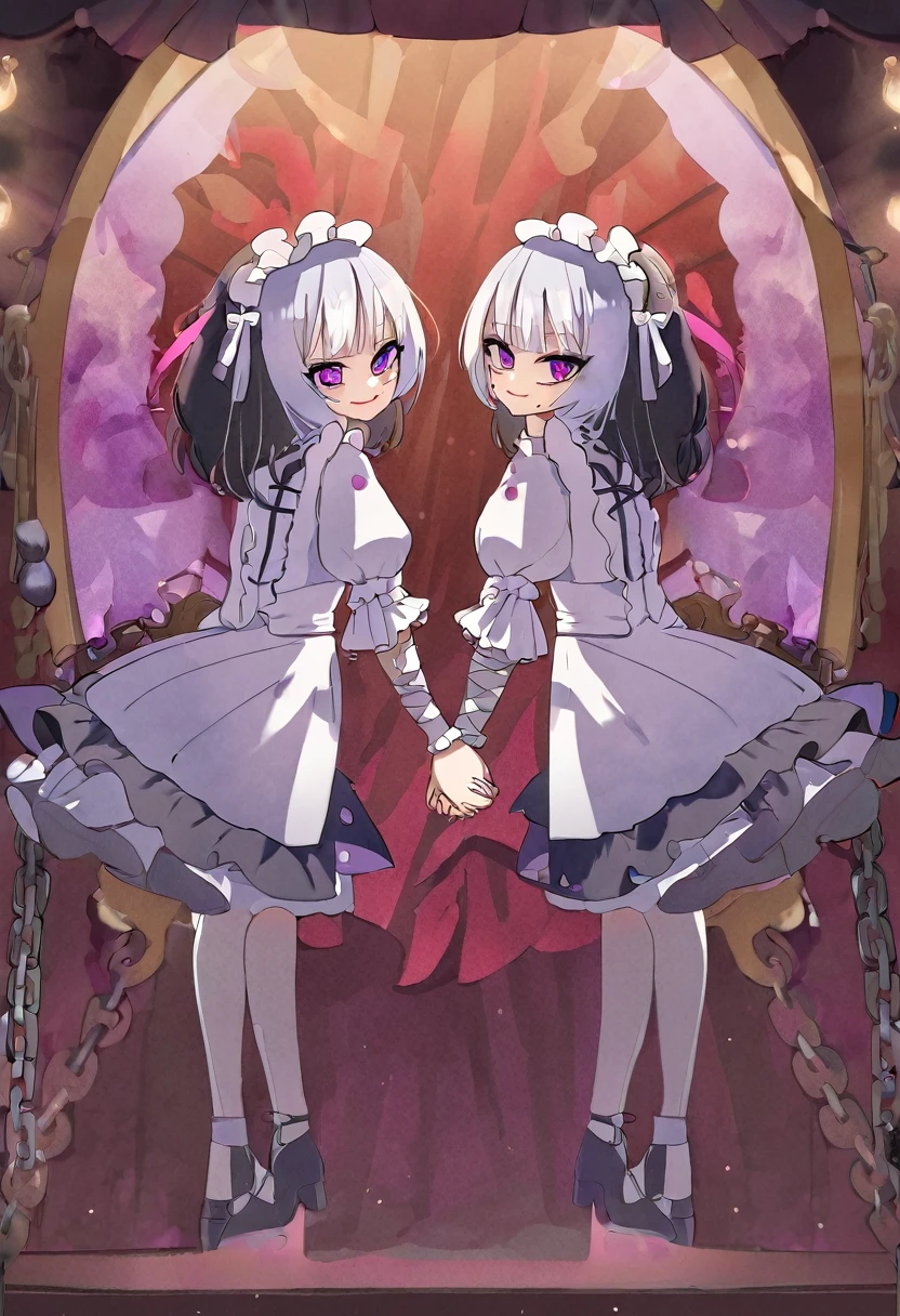 score_9, score_8_up, score_7_up, score_6_up, Character concept art of two twins holding hands, lolita fashion, split white and black hair, creepy smiles, purple eyes with abstract white shapes in them, surrounded by arcing chains and mirrors, high detail establishing shot. cinematic, bokeh, use of color theory
