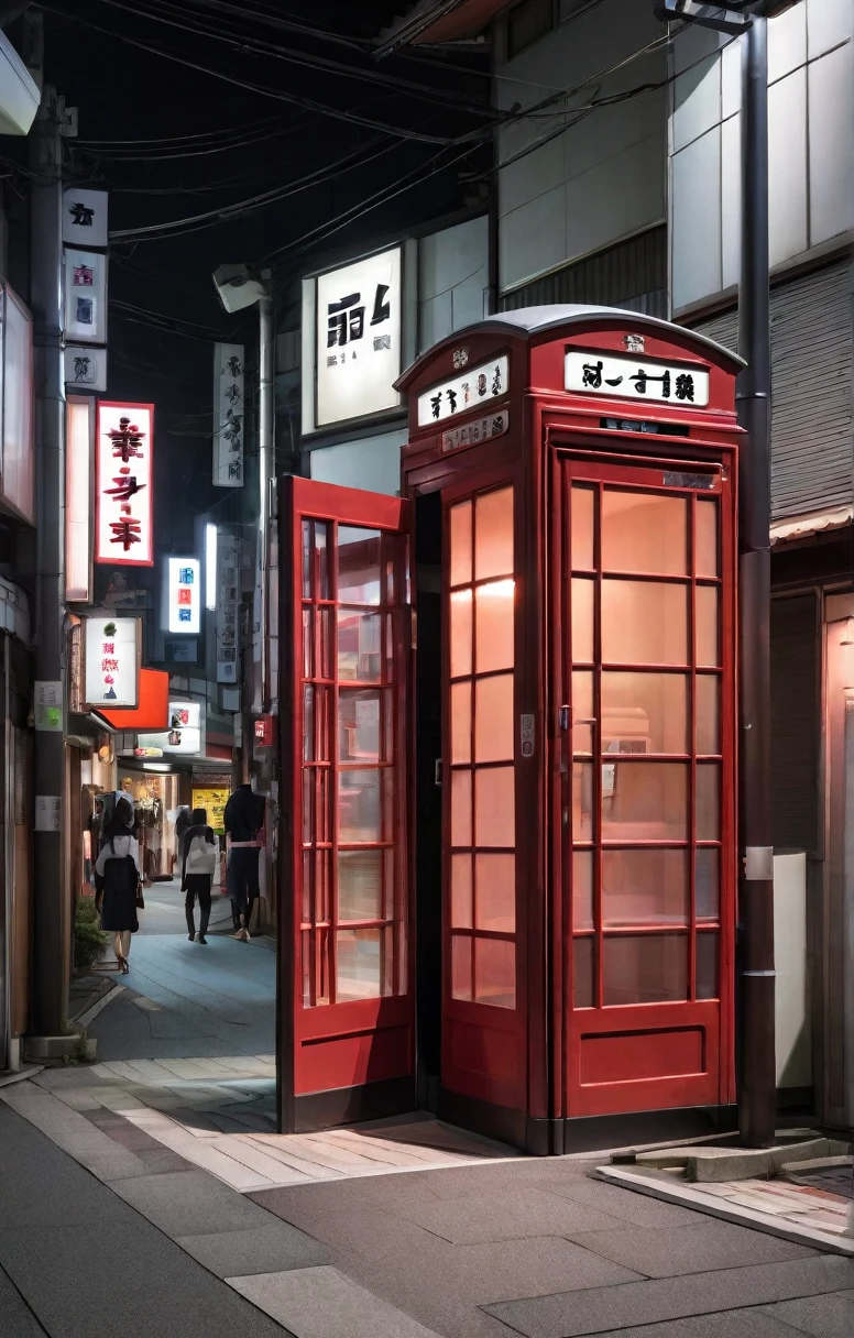 A Japanese shopping street, a creepy old telephone booth late at night,