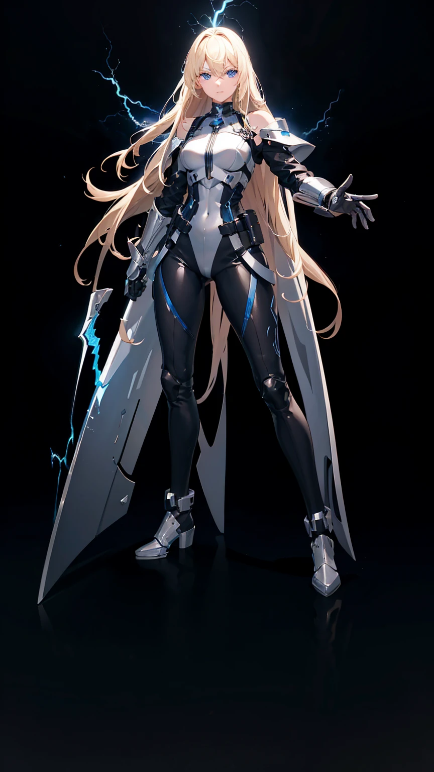 18 years old, blond hair, flowing blond hair, blue eyes, in a full body black armor with leggings, futuristic, masterpiece, high quality, with a lightning energy in hand, shoulders exposed, gloves, ready to fight pose, 4k