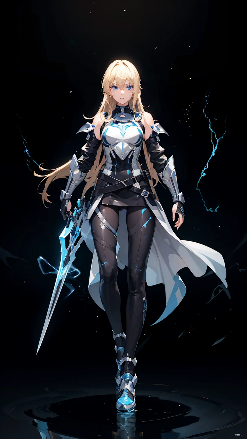 18 years old, blond hair, flowing blond hair, blue eyes, in a full body black armor with leggings, futuristic, masterpiece, high quality, with a lightning energy in hand, shoulders exposed, gloves, ready to fight pose, 4k