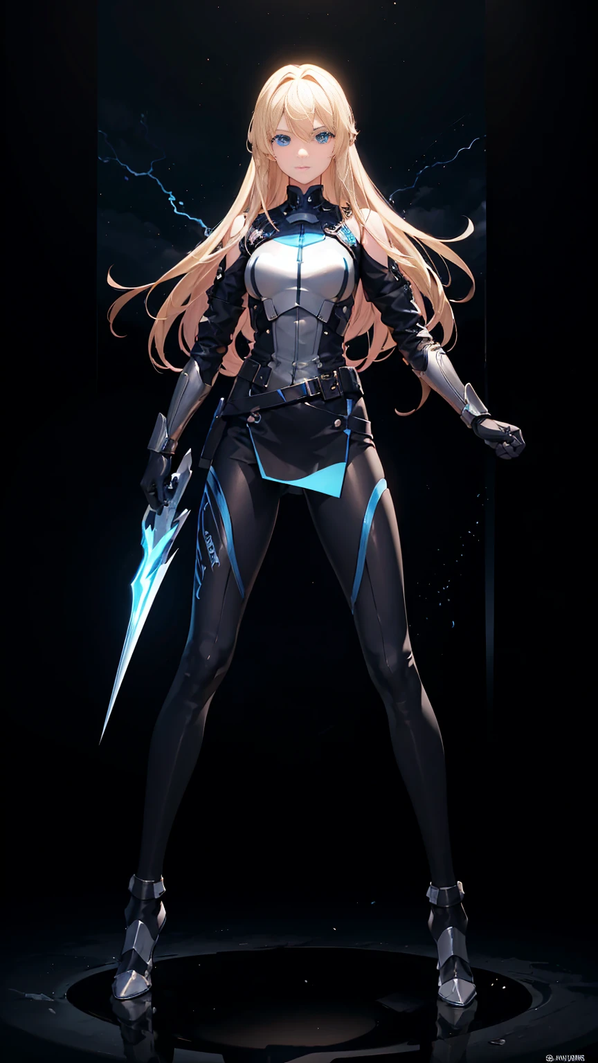 18 years old, blond hair, flowing blond hair, blue eyes, in a full body black armor with leggings, futuristic, masterpiece, high quality, with a lightning energy in hand, shoulders exposed, gloves, ready to fight pose, 4k