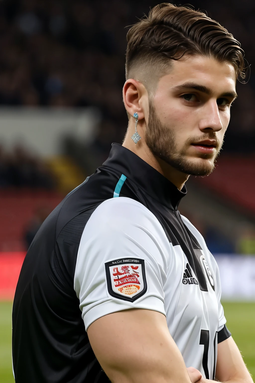English soccer defender, 20 years old, 193 cm tall, dark brown hair, side part hairstyle, full beard, black jersey, crossed hands, diamond earring