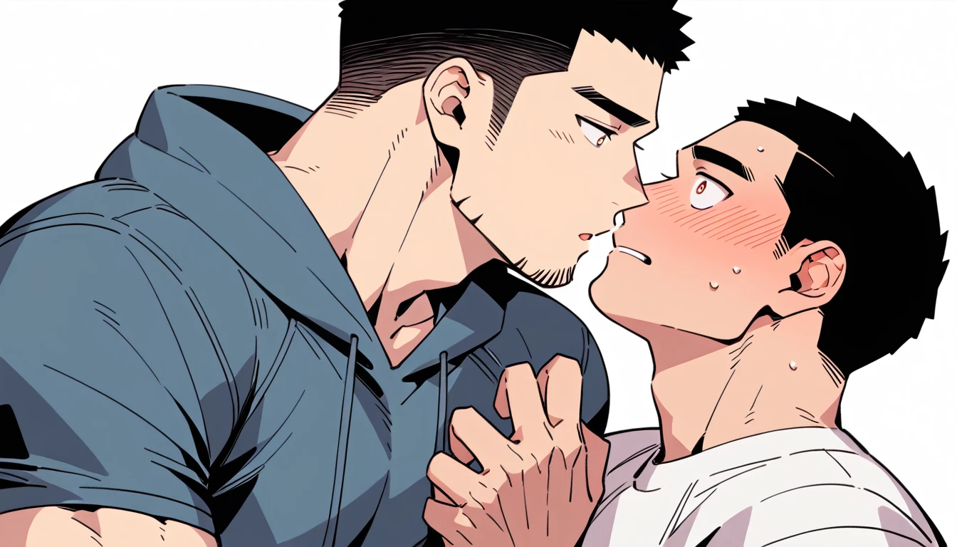 anime characters：Priapus and Dark-skinned muscular athlete, They hugged each other, kiss, Buzz Cut, Manliness, male focus, Sports tight hooded sweatshirt, Very tight, full and perky chest muscles, muscular male, muscular, only, Upper body, alone, Red short hair, Thick eyebrows, stubble, Brown-red pupils, White background, simple background, amazing quality, best aesthetics, Ridiculous, crew cut, parted lips, flustered, endured face, shy, blush, negative space, negative space, best quality