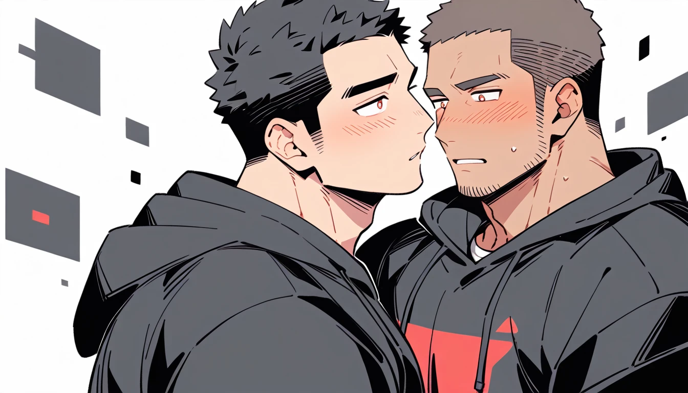 anime characters:Priapus and Dark-skinned muscular athlete, They hugged each other, kiss, Buzz Cut, Manliness, male focus, Sports tight hooded sweatshirt, Very tight, full and perky chest muscles, muscular male, muscular, only, Upper body, alone, Red short hair, Thick eyebrows, stubble, Brown-red pupils, White background, simple background, amazing quality, best aesthetics, Ridiculous, crew cut, parted lips, flustered, endured face, shy, blush, negative space, negative space, best quality