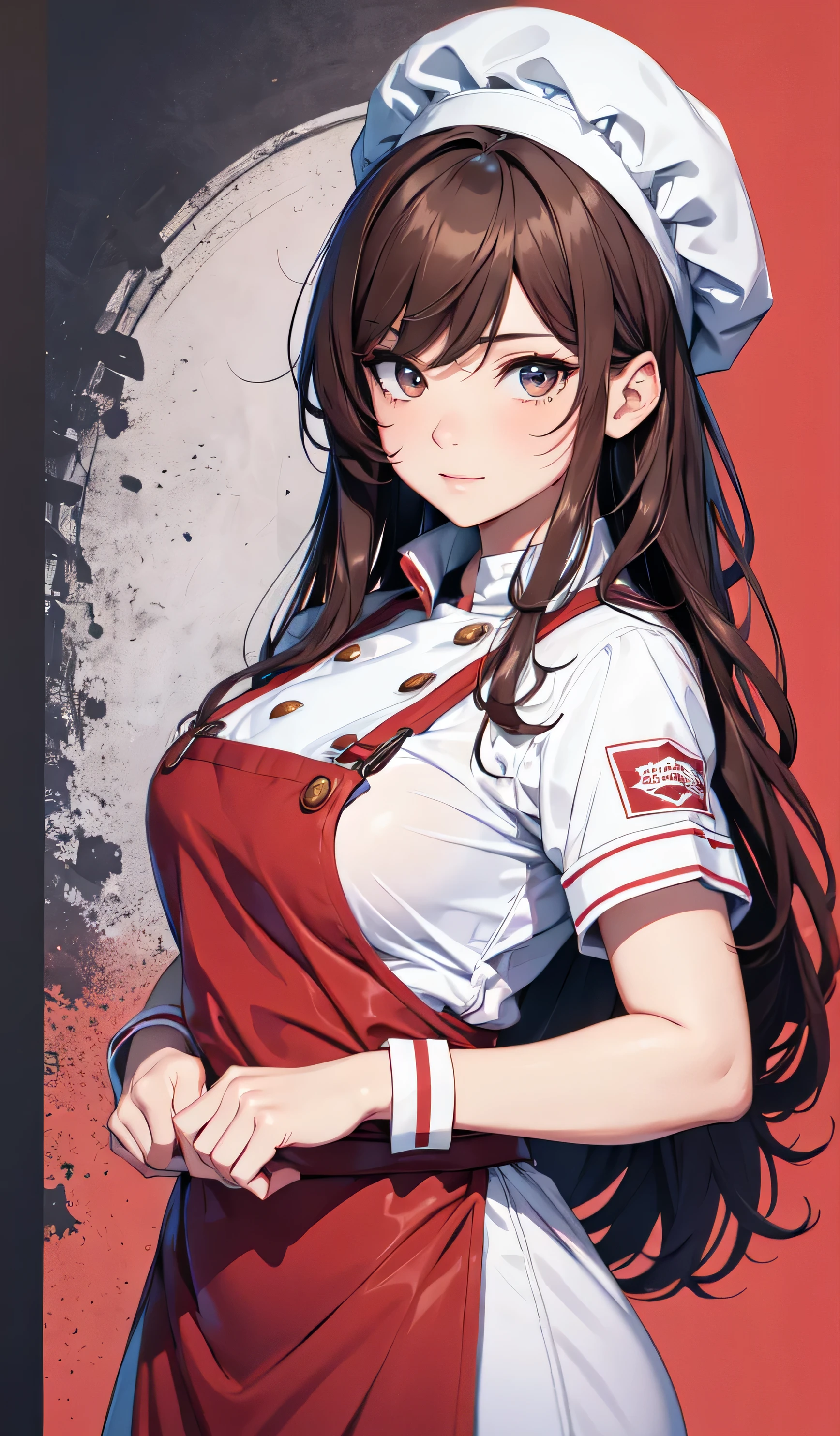 beautiful detailed girl, brown hair, dark red costume, Chef in classic attire, long hair, chef hat, Pose with hands hidden behind waist, Youthful expression, brown eyes