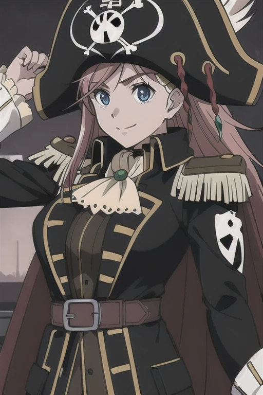 masterpiece, best quality, 1girl, detailed face and eyes, big breasts, Katou Marika, (black pirate costume), long coat, belt, (black cargo pants), (black pirate hat), smile, closed mouth