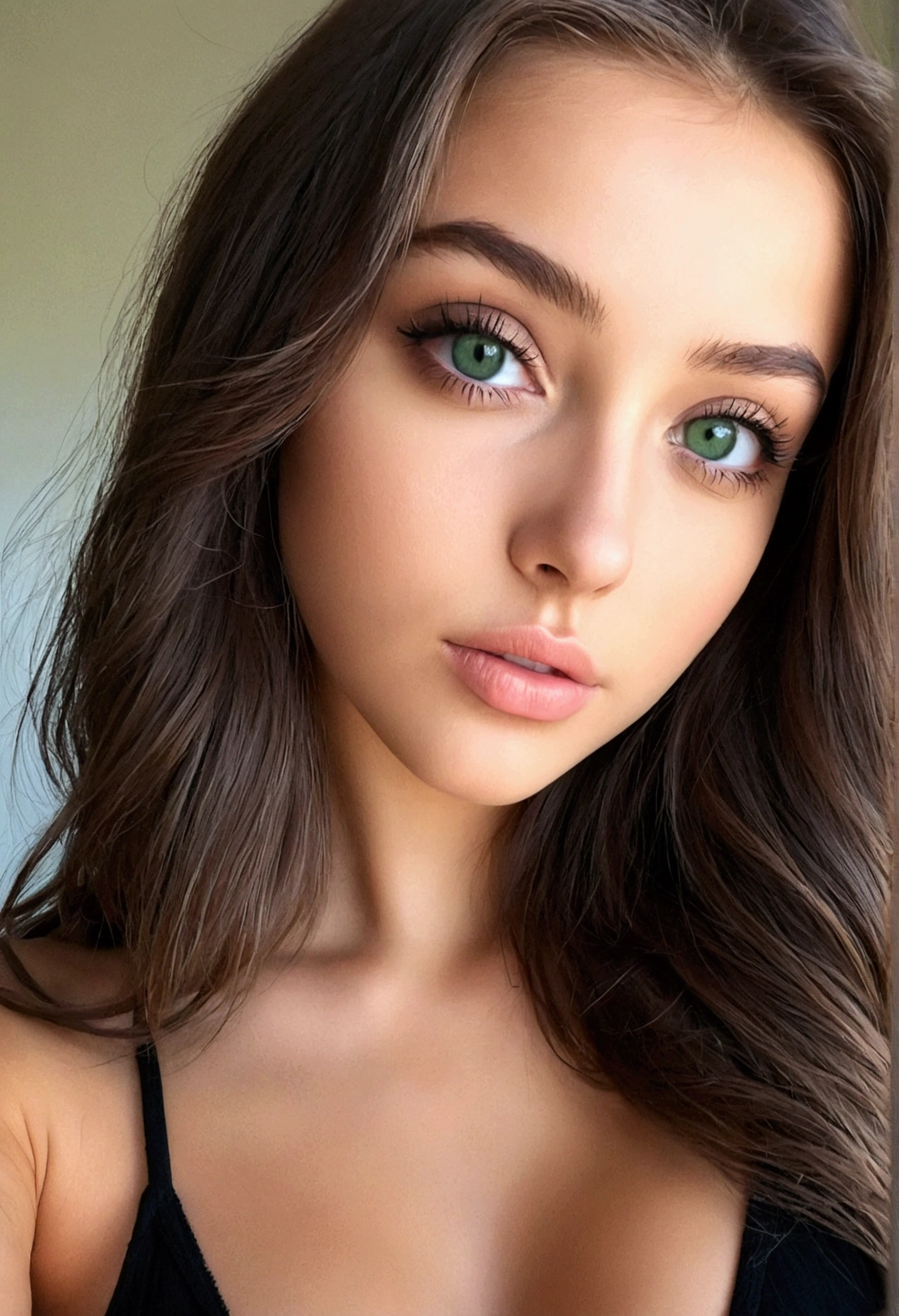 femme vue de face mains sur ses seins pour les cacher en étant sexy, Fille sexy aux yeux verts, sophie mudd, cheveux bruns et grands yeux, selfie une jeune femme, stunning tout le corps shot, yeux verts perçants, bel angle, pose attrayante, jolie fille, pose sexy, tout le corps picture, tout le corps, tout le corps shoot, déesse brune, Détails élevés ultra réaliste