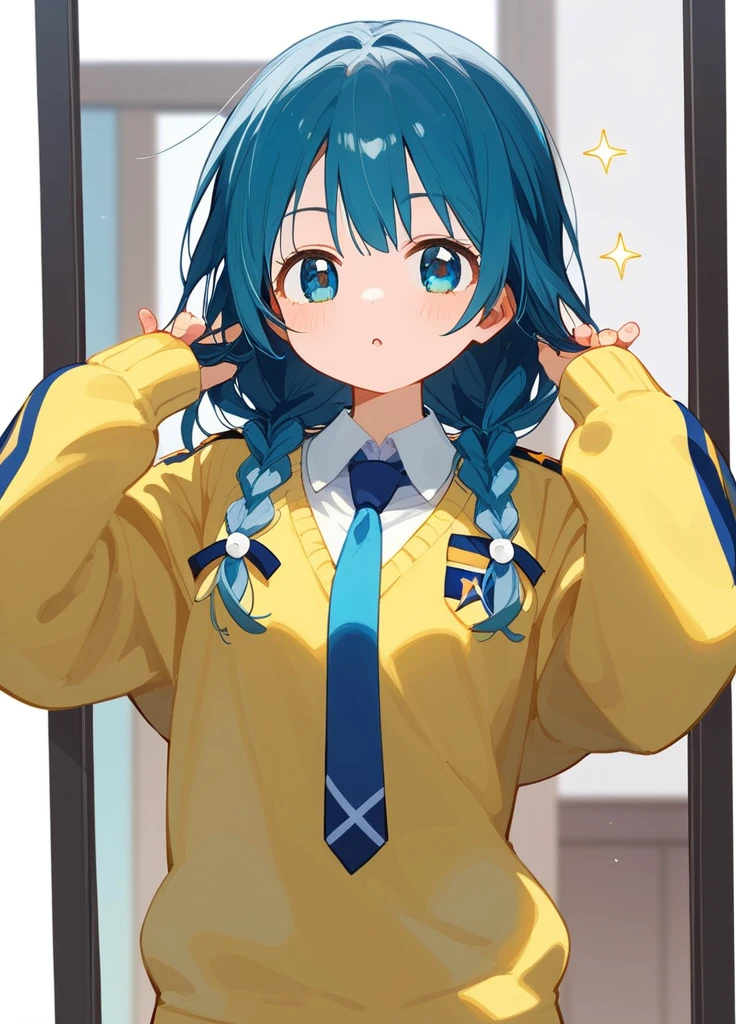 Indigo Hair、A cute girl with side braids、Standing in her uniform with sparkling blue eyes。She is wearing a blue tie、She wears a yellow sweater over her uniform.。In a full-body standing picture、Anime Styleのかわいらしいイラストになっています。solo, The bangs are straight down to the eyebrows., Illustration, Anime Style, 
