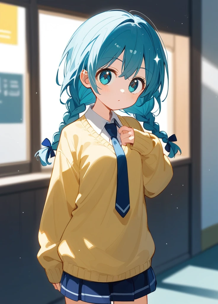 Indigo Hair、A cute girl with side braids、Standing in her uniform with sparkling blue eyes。She is wearing a blue tie、She wears a yellow sweater over her uniform.。In a full-body standing picture、Anime Styleのかわいらしいイラストになっています。solo, The bangs are straight down to the eyebrows., Illustration, Anime Style, 
